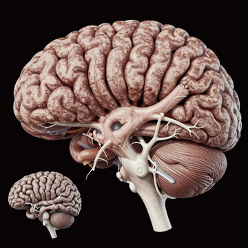 editorial illustration, detailed anatomy of the human brain, focusing on cerebral cortex and central nervous system convolutions