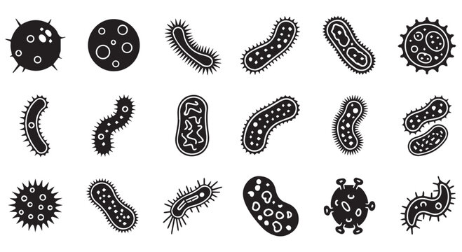 Black and white illustrations of various bacteria and viruses on a Transparent Background for medical and scientific use.