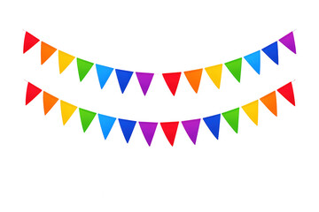 Obraz premium Rainbow bunting flags decorating a festive celebration, hanging party garland on transparent background, colorful carnival decor