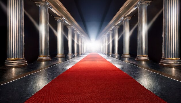 lit runway scene with a red carpet spotlights and dark columns