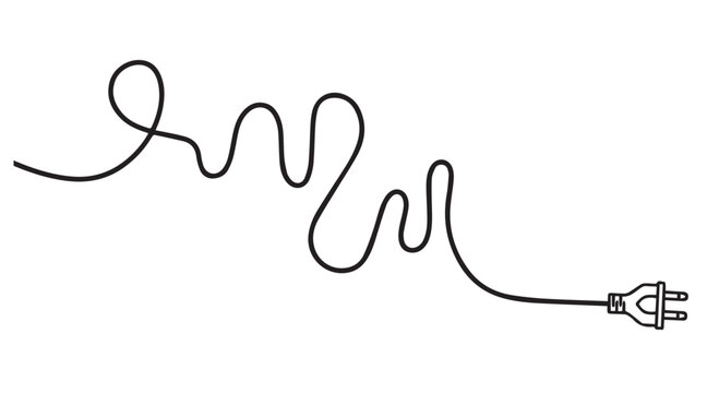 Simple black line illustration of a tangled electrical cord with a plug on a Transparent Background, representing technology and energy.