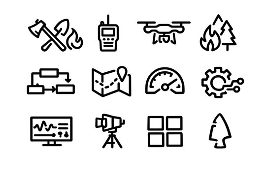 Set of emergency response and forestry management icons including fire tools drone map and data monitoring equipment on white background