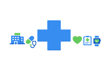 Obraz premium Medical and healthcare icons set including hospital building pill stethoscope heart clipboard and smartwatch on white background