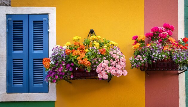 charming photo of colorful flower boxes on vibrant walls showcasing unique architectural details and seasonal blooms