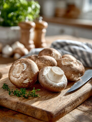 Fresh mushrooms on wooden cutting board in bright kitchen