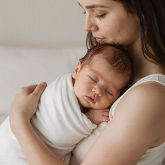 pop art, a serene mother embraces her sleeping newborn wrapped in white fabric on a soft blanket, promoting family bonding and maternal health awareness