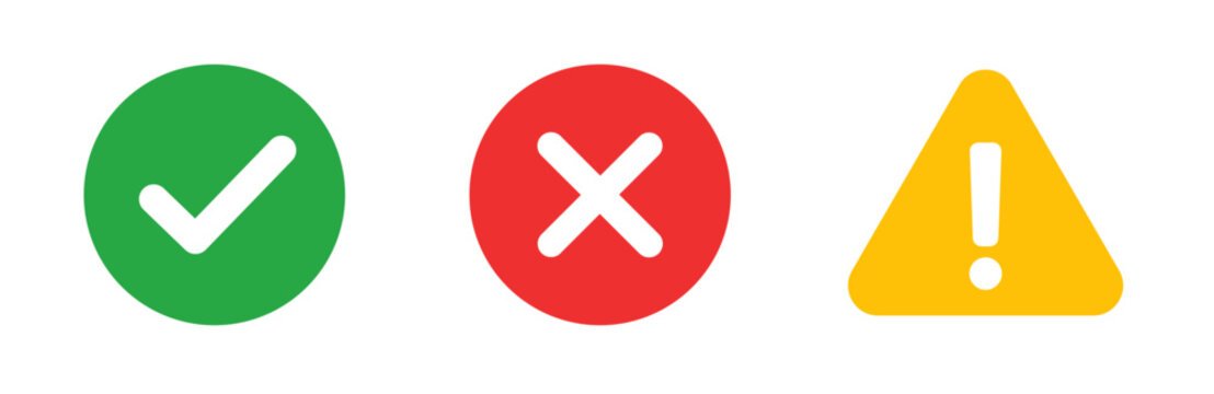 Success, error and warning status icon set with check mark, cross and alert triangle symbols. Solid green, red and yellow indicators for app and web interface design