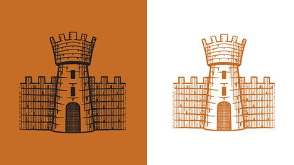 Naklejka premium Heraldic tower with a gate of a castle for coat of arms design and shield. Hand drawn engraving in old traditional medieval style, modern made element for family symbols and logo templates