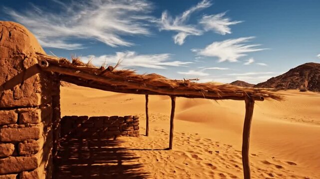 Ancient stone structure with thatched roof in desert landscape with sand dunes and rocky mountains