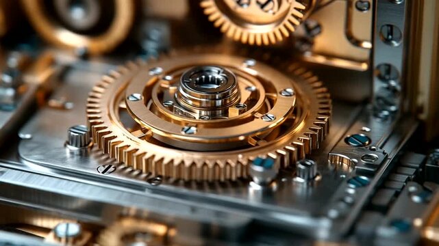 Close-up view of intricate golden gears and mechanisms in a clockwork assembly