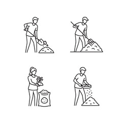 Construction worker icons set. Includes digging, scooping, pouring, and carrying. Created in line style with black and white color palette.