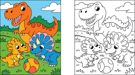 A friendly cartoon tyrannosaurus rex watches two baby triceratops dinosaurs playing with a ball © MS- ELITE GRAFIX