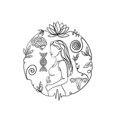Minimalist One Line Art Illustration of a Woman with Wellness and Reproductive Health Symbols.