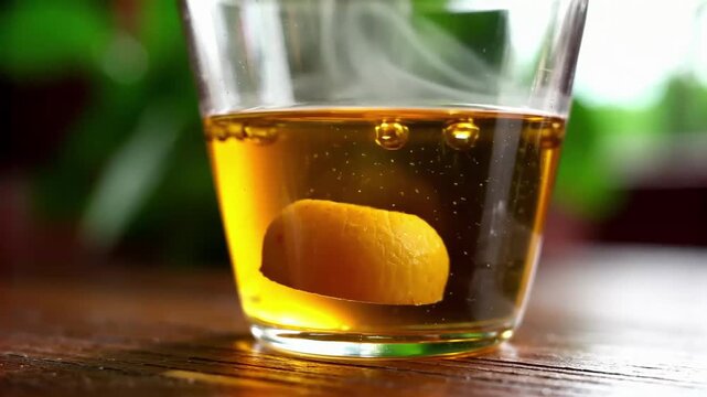 Close-up of a zinc lozenge dissolving in warm herbal tea with fizzing bubbles, natural calming beverage on a wooden table with green blurred background