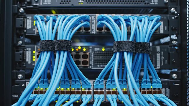 Blue Ethernet cables neatly organized in server rack