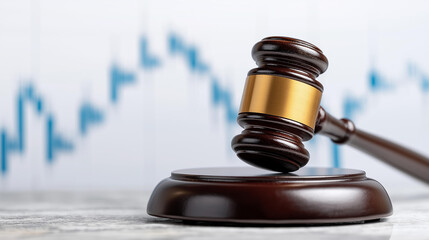 Obraz premium Gavel symbolizing legal justice with financial graphs, judicial authority economic data integration, corporate law financial governance visualization, with copy space
