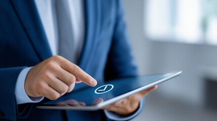 Fototapeta premium Business compliance regulation concept showing digital document with check mark icon, legal standards symbolizing, corporate governance risk management, policy quality control