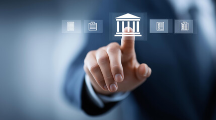Obraz premium Governance policies compliance digital library with icons representing governance frameworks, compliance manuals visualization, regulatory documentation system, with copy space