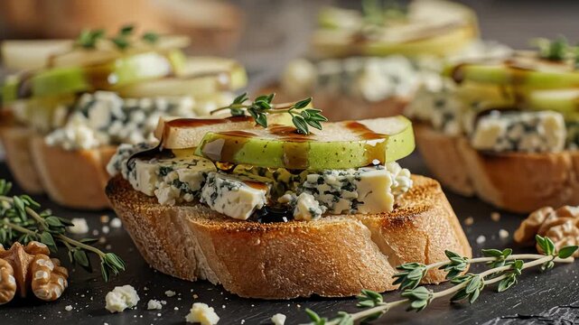 Gourmet appetizers with cheese apples and balsamic glaze close up