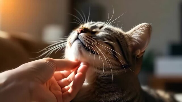Tabby cat content pet enjoying chin scratch warm sunlight friendly tabby cat relaxed tabby tabby