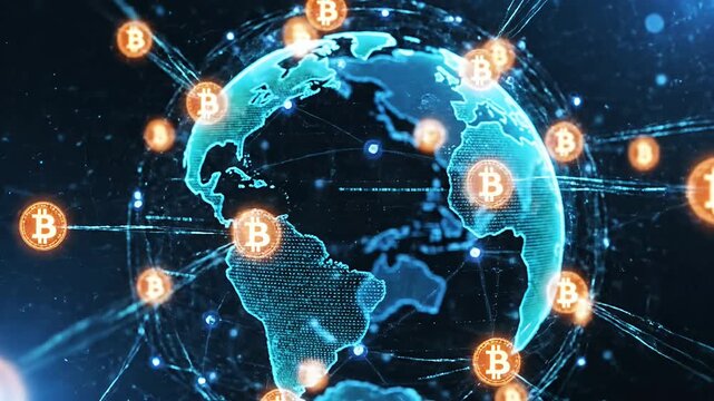 Bitcoin cryptocurrency network encircling a digital planet Earth