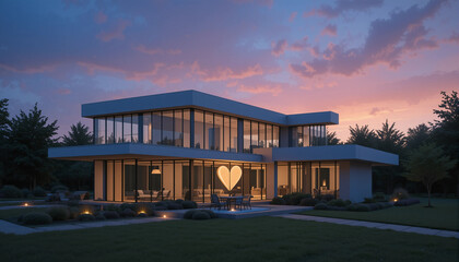 Fototapeta premium Modern glass house with a glowing heart against the evening sky