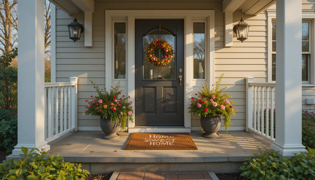 Cozy House Entrance with "Home Sweet Home" Mat and Morning Sunlight
