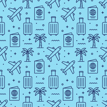 Seamless Travel Pattern Vector Airplane Passport Suitcase Palm Tree Minimal Icons