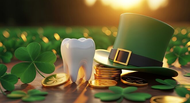 White tooth with a green leprechaun hat, gold coins, and shamrocks on a wooden surface with bokeh background for dental St Patricks Day.