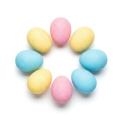 Colorful easter eggs arranged in a circular pattern on a white background