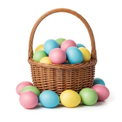Colorful easter eggs in a woven basket with some scattered around