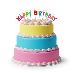 Colorful birthday cake with candles and a cheerful happy birthday message on top