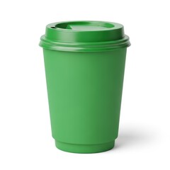 A bright green disposable coffee cup with a matching lid and sleeve