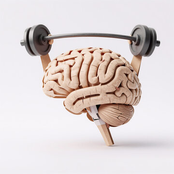 papercraft, image of a brain lifting weights against white background