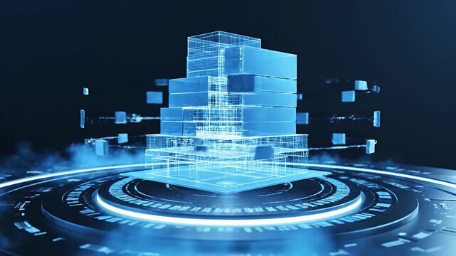 Holographic skyscraper model on glowing digital platform