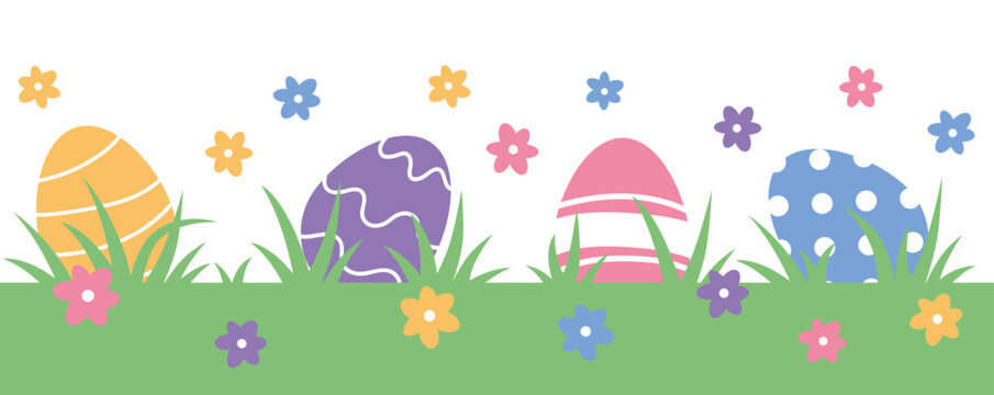 Vector decorative flat soft pastel seamless pattern with easter eggs, grass and flowers on white background