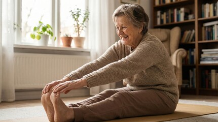Obraz premium Senior woman touching toes in seated forward bend stretch on floor