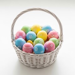 Colorful easter eggs nestled in a light woven basket on a plain background