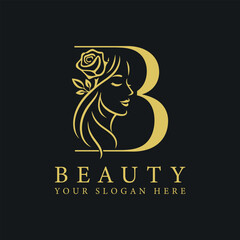 Fototapeta premium Luxury Gold Beauty Logo with Woman Silhouette and Letter B