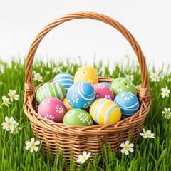Colorful easter eggs nestled in a wicker basket on a grassy field.
