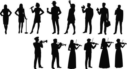 Singer and musician silhouettes performing with microphone and violin isolated on white background music concert concept illustration © Tanjimul