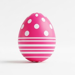 A vibrant pink easter egg adorned with white polka dots and stripes