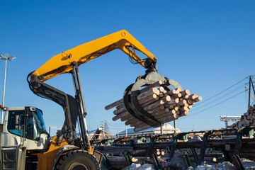 Loading logs with a special loader.Timber products warehouse on a specialized site. © Александр Поташев