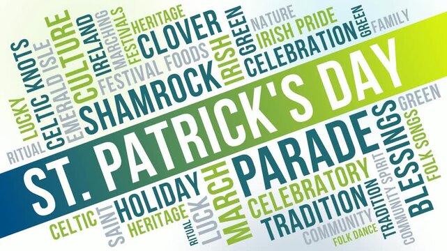 St Patricks Day word cloud animation for festive celebration. Green gradient St Patricks Day animated text loop