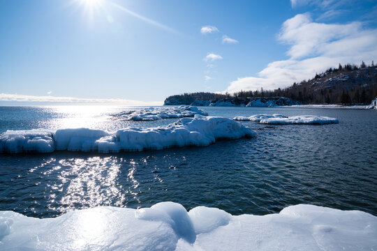 Vast ice formations on the shores of Lake Superior North Shore Minnesota during a cold winter day 