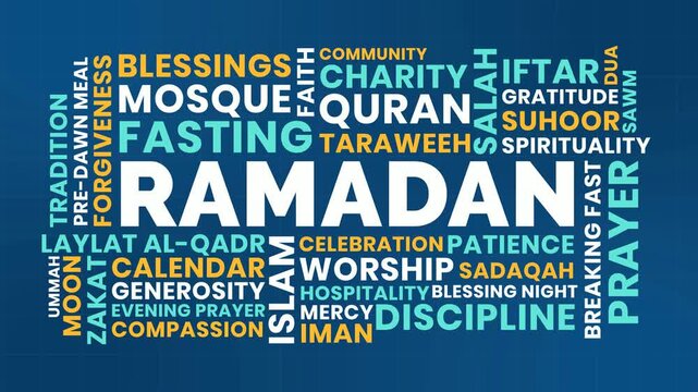 Bold Ramadan Word Cloud Animation Shameless Loop. Ramadan Kinetic Typography Vibrant Blue Spiritual Theme