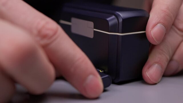 Hands connecting small usb-c receiver to charging case, integrating lavalier microphone technology for seamless wireless audio capture with modern mobile smart devices, close-up, slow motion.