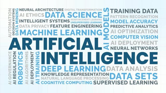 Modern Blue Artificial Intelligence Word Cloud Animation Shameless Loop. AI Kinetic Typography Technology Theme