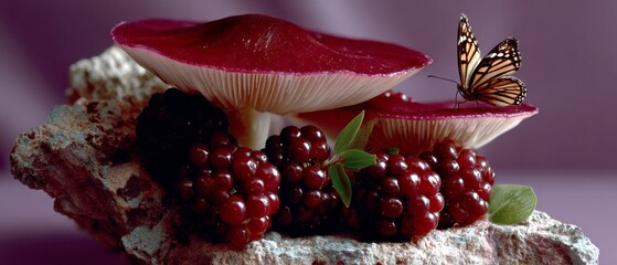 Surreal Still Life Of Red Mushrooms, Blackberries And Butterfly On Rock In Soft Light