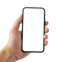 A hand holding a smartphone with a blank screen against a plain background